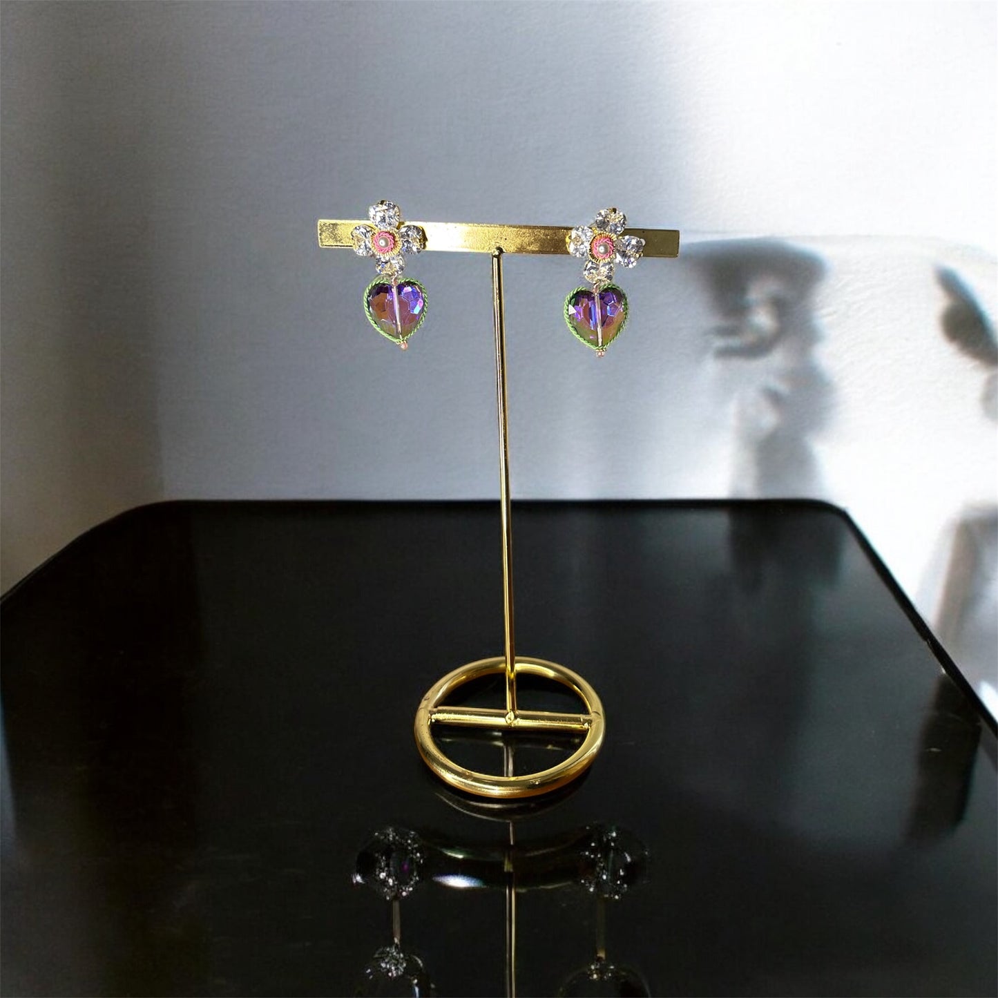Korean Bloom Crystal Heart Earrings