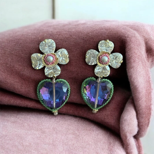 Korean Bloom Crystal Heart Earrings