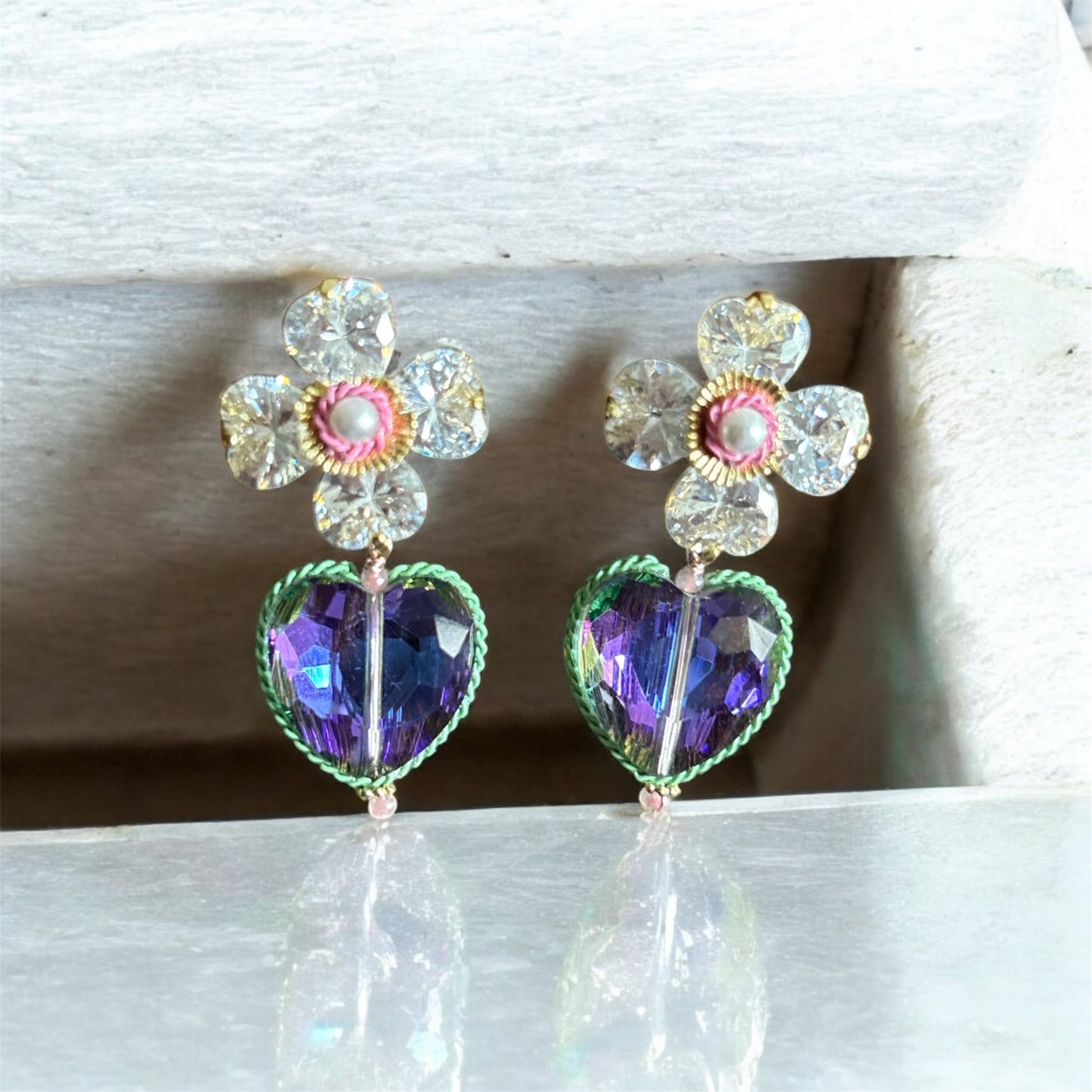 Korean Bloom Crystal Heart Earrings
