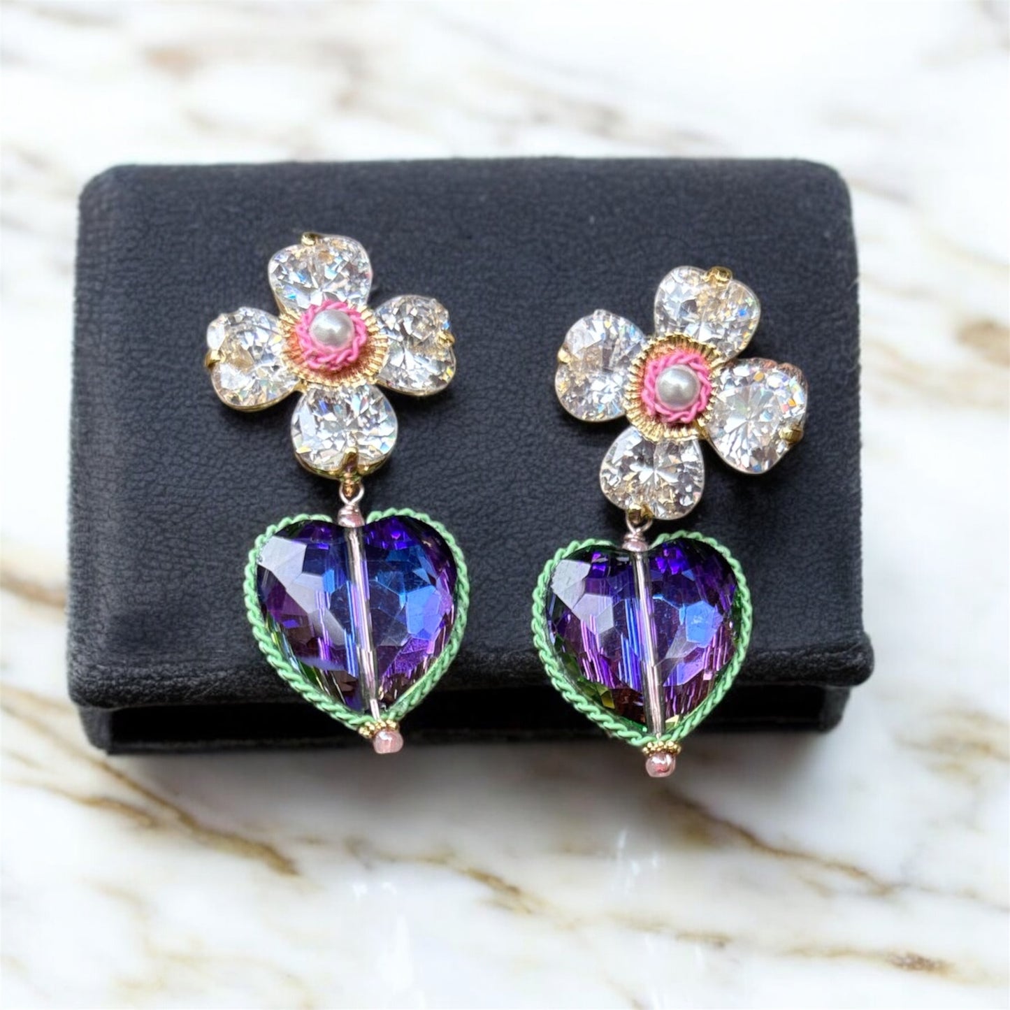 Korean Bloom Crystal Heart Earrings